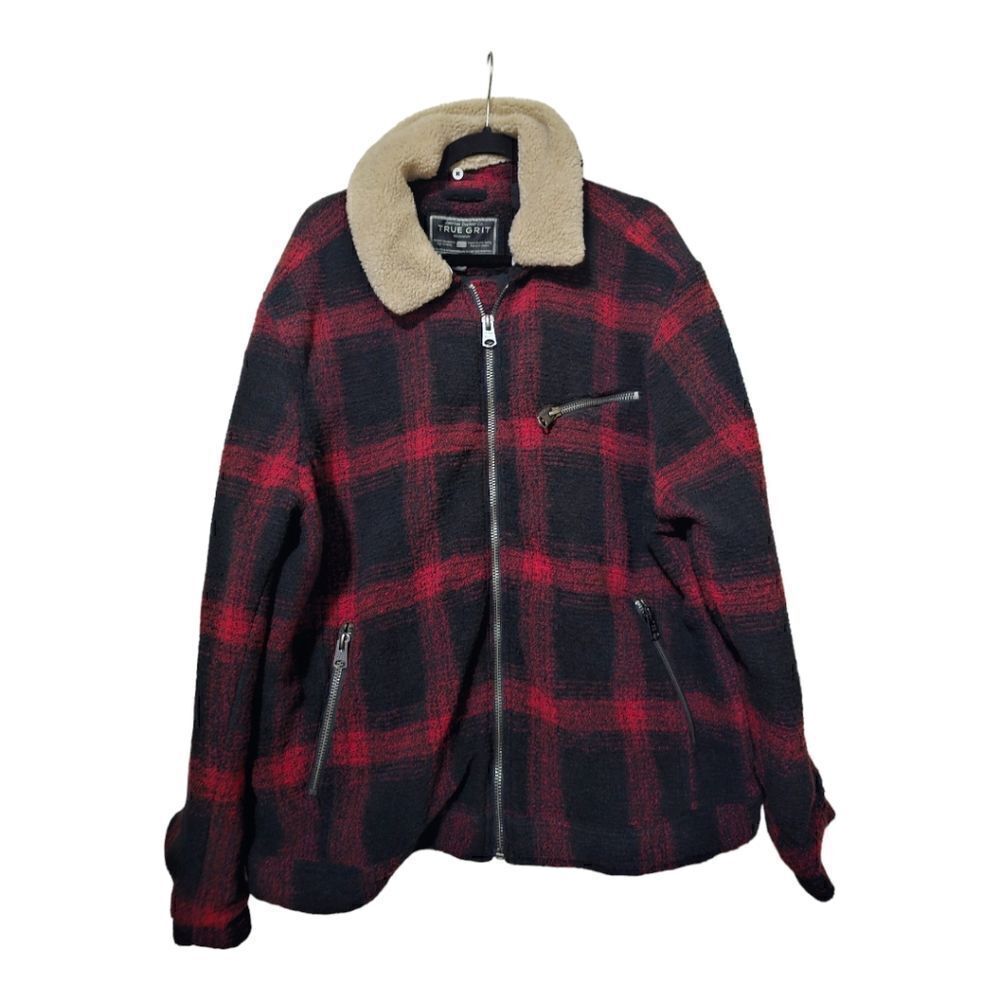 TRUE GRIT Four‎ Square Plaid Jacket Coat Removable Collar - Size XXL